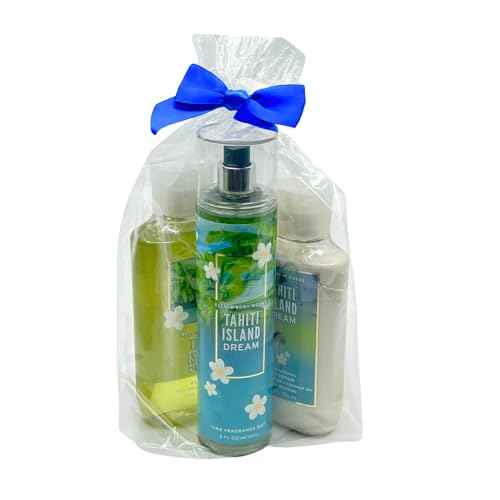 Bath & Body Works TAHITI ISLAND DREAM 3pc bundle - Mist, Body Wash, Body Lotion Gift Set with a Blue Bow for Holidays & Gifts - Full Size