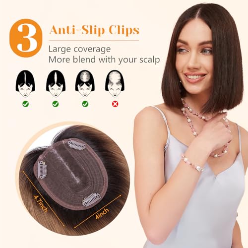 Benehair 100% Remy Human Hair Toppers for Women 12 Inch Hair Pieces for Thinning Hair No Bangs with 4 * 4.7'' Hand Made Lace Base with 3 Clips Real Hair Toppers for Women Ombre Dark Brown