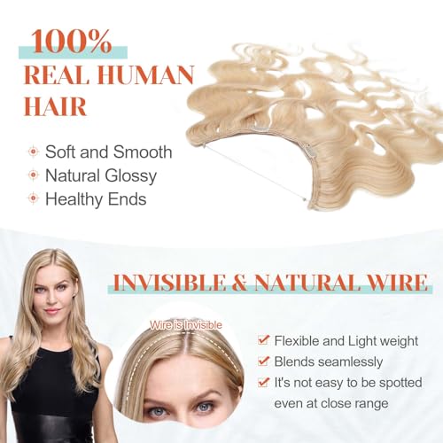 Halo Hair Extensions, Benehair Halo Blonde Hair Extensions for Women, 100% Human Hair Invisible Wire Hair Extensions for Adding Volume, 18 Inch Halo Extensions #60 Platinum Blonde 65g
