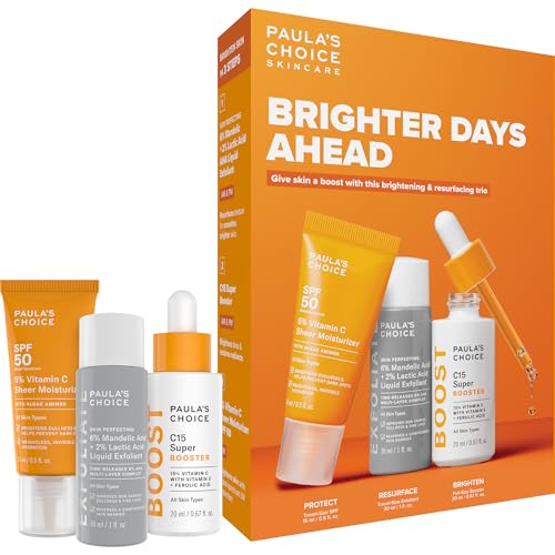 Paula's Choice Brighter Days Ahead Kit, Vitamin C and AHA Trio, Includes Travel Size C5 SPF Face Sunscreen, Mandelic Acid Exfoliant, C15 Vitamin C Booster Serum, Brightening & Resurfacing, 3-Piece Set