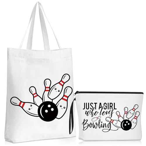 Sieral 2 Pcs Bowling Gifts for Women Just a Girl Who Loves Bowling Canvas Cosmetic Makeup Bag and Tote Bag Funny Gifts for Women Friends Sister Christmas