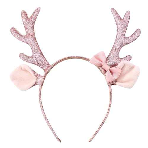 Christmas Headband Reindeer Antlers Headbands for Women Glitter Deer Ears Hair Bands Furry Deer Horn Cute Pink Bow Hair Band Sequin Pink Elk Horn Headwear Xmas Christmas Party Hair Accessories 1Pcs