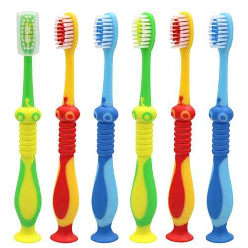 Newday Kids toothbrushes 6 Pack Soft Bristles Fun Lovely with Suction Cup, Includes Travel Covers, Animal toothbrushes for Kids Boys & Girls, Toddlers & Children's Teeth Age 3+, (Blue&Green&Red)