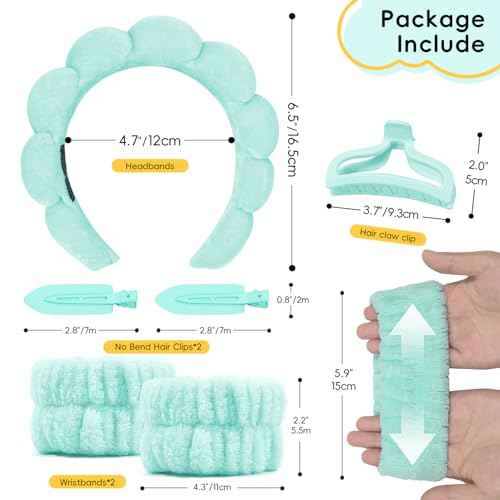 Spa Headband For Washing Face with Hair Clips Wristbands 6PK for Women Girls, Soft-Puffy Velvet Makeup Headbands for Makeup, Skincare (Green)
