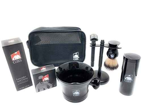 G.B.S Grooming Gift Set - Black Adjustable Double Edge Safety Razor, Shaving Mug, Shave Brush Razor Stand, Razor, Travel Toiletry Bag, Lavender Aftershave Balm and Natural Shaving Soap