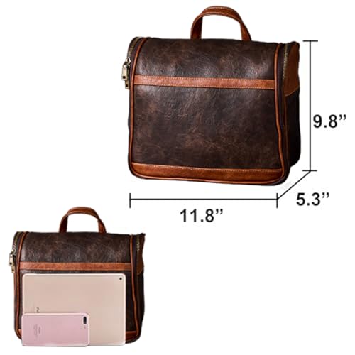 EURYNOME Hanging Toiletry Bag for Women and Men, Large PU Leather Toiletries Organizer, Water-resistant Bathroom Shaving Kit for Cosmetics, Makeup Case