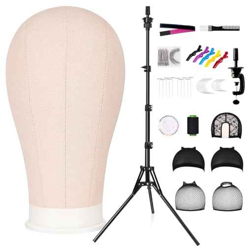 22 Inch Canvas Wig Head Mannequin Head With 63in Tripod Stand, Manikin Canvas Head Set for Wigs Making Display Styling with Tripod Table Clamp Wig Caps Pins Set Hair Brush, Clips(Beige)