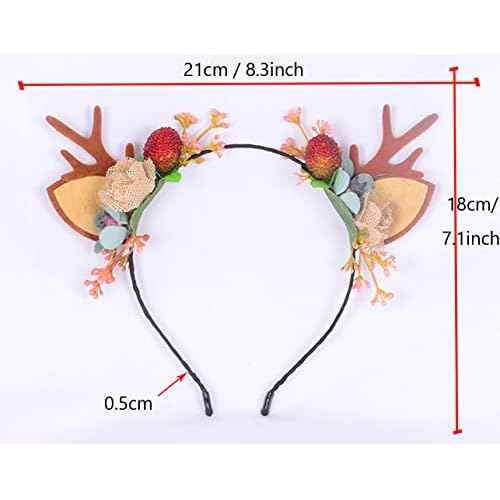 QUUPY Christmas Deer Antlers Flower Berry Headband Crown Floral Headband Christmas Boho Headdress Party Headwear Hair Hoop Christmas Hair Accessories for Women Girls