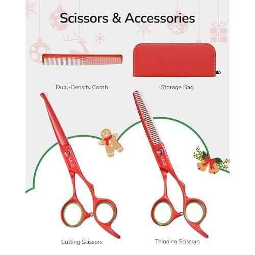 ULG Kids Hair Cutting Scissors Set - Safe Round Tip Shears for Toddlers, Adults & Pets, Professional Japanese Stainless Steel, 30-Tooth Thinning & Razor Edge Barber Kit with Comb & Case, Christmas Red