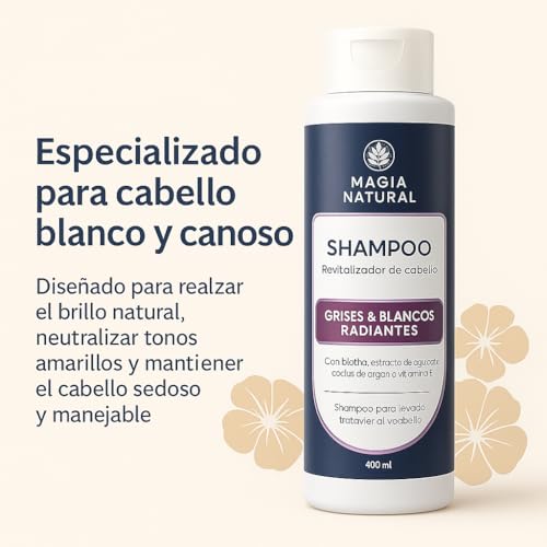 Kit Capilar Magia Natural 3 Piezas-magia natural shampoo canas Revitalizante para Cabello Canoso o Blanco, Tratamiento Bioterapia Capilar, Gotas Anti-Frizz con Aceite-Dorado Nutre, Repara y Da Brillo