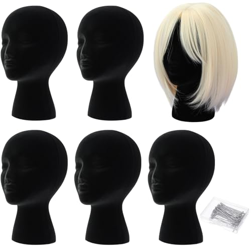 Gisafai 6 Pcs Foam Wig Head with 50 Pcs T Pins Female Foam Mannequin Wig Stand and Holder 11 Tall Cosmetics Model Head Display Hair, Hats Hairpieces Display for Home Travel Salon(Black)