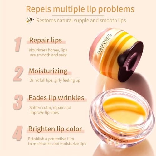Bee Lip Balm Honey Pot, Fruit Moisturizing Propolis Lip Mask, Lip Mask Overnight Propolis Moisturizing Lip Balm Hydrating Prevention Dry and Crack Lip Scrubs Exfoliator Lip Care Products (2PCS D)