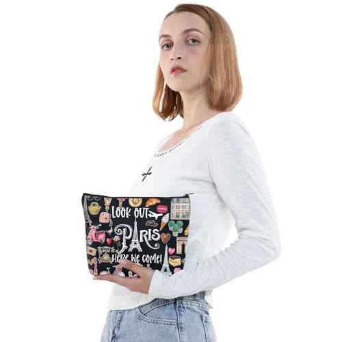 JNIAP Paris Themed Makeup Bag Paris Trip Gifts Paris Travel Bag Paris Toiletry Bag Paris Zipper Pouch Paris Makeup Pouch (look out paris black mb)