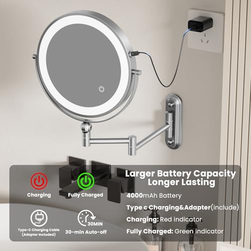 Rocollos 9-Inch Large Makeup Mirror with 30X Magnification, Rechargeable Wall Mounted Vanity Mirror with Lights, 3 Color Dimmable LED, Touch Screen & Retractable Arm-Black (9INCH-Chrome)