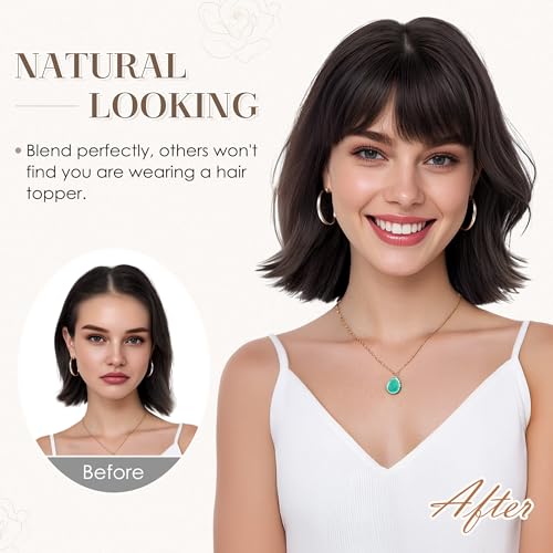 S-noilite Human Hair Toppers for Women with Bangs 100% Real Human Hairpiece 5"x3" Clip in Silk Base Topper Piece Cover Thinning Fine Hair 14 inch Golden Brown Highlighted Blonde