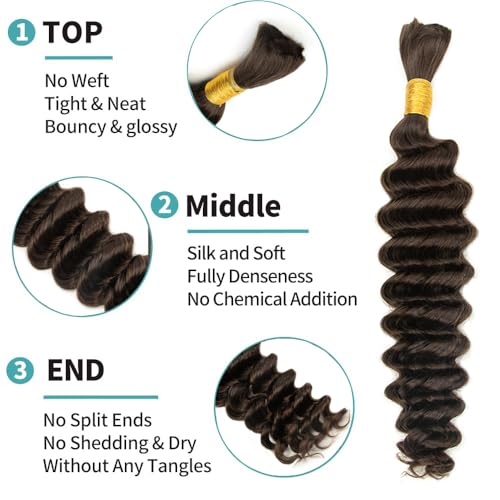 Human Braiding Hair Deep Wave Bulk Human Hair for Braiding 24Inch No Weft 90g (2Bundles-1Pack) 12A Brazilian Virgin Curly Human Hair Braiding Hair For Boho Braids Wet and Wavy
