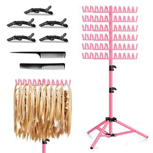 JANMPASK Braiding Hair Rack Height Adjustable 144 Pegs Braiding Rack Hair Extension Holder with Hair Braid Tools, Easy to Assemble (pink)