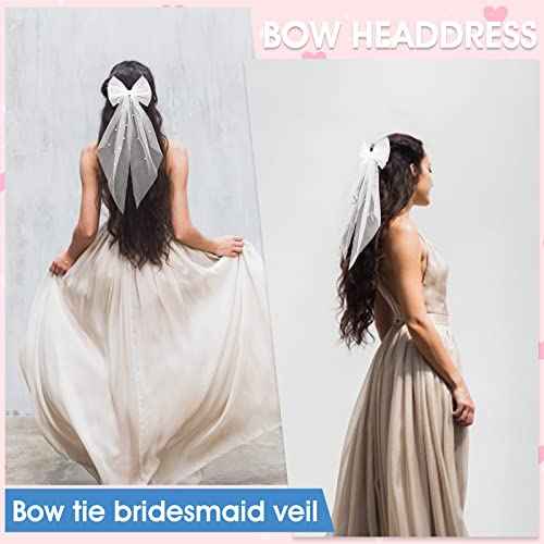 Bridal Pearl Hair Bow Veil Bridesmaid Large Hair Bow Wedding Veil with Barrette Bachelorette Party Decorations Bridal Bridesmaid Gift (White)