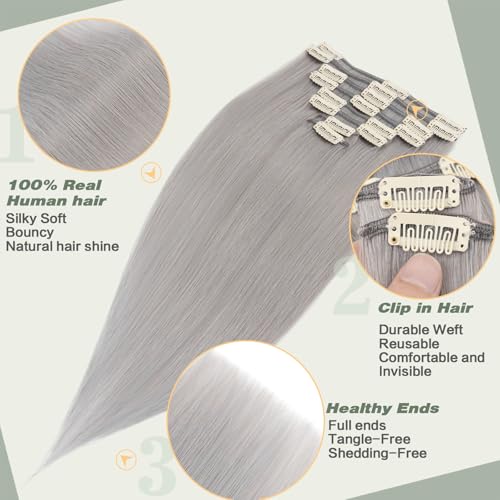 Clip in Hair Extensions Human Hair S-noilite Gray Human Hair Short Hair Clip in Extensions Full Head 8 Pieces/18 Clips 100% Real Human Hair Silky Straight 16"-90g Light Gray (#G1)
