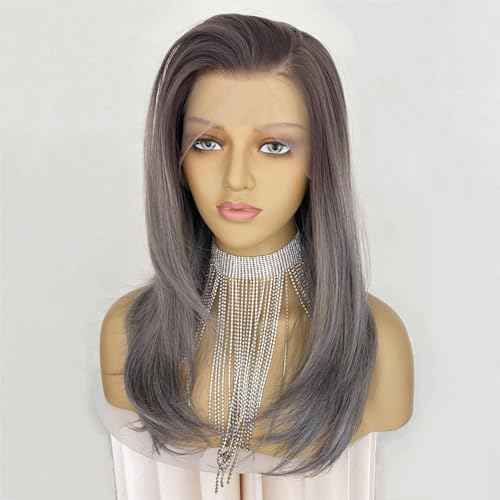 Ash Gray Brown Wig Highlight Dark Grey Color 13x4 Lace Front Wigs Layered Style Wavy Synthetic Fiber Hair 18Inch Pre Plucked for Women