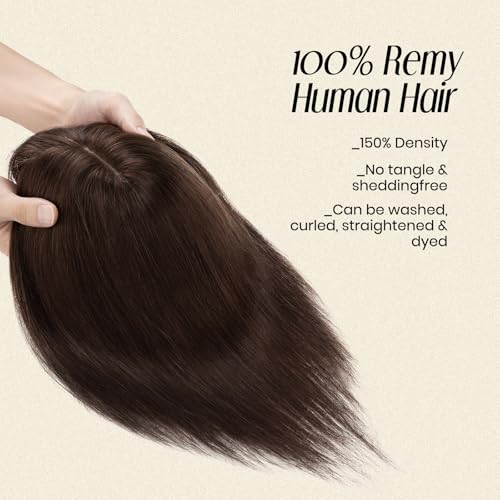 MY-LADY Human Hair Toppers for Women Real Human Hair with Bangs Thin 7 * 13CM Silk Base with Lace Clip in Straight Remy Hairpieces 150% Density 10 Inch Dark Brown