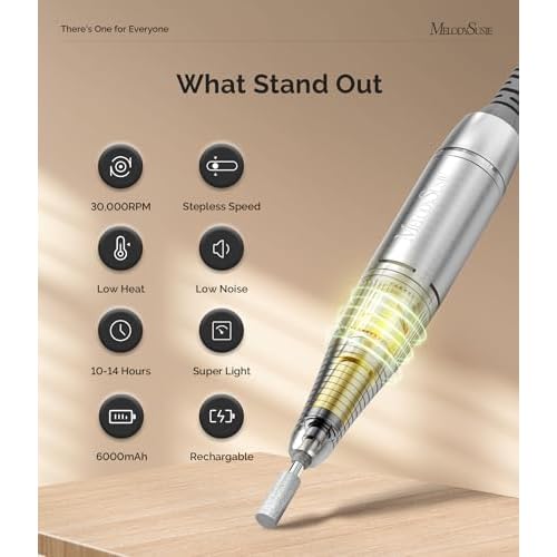 MelodySusie Entry-Level Clip-On Cordless Nail Drill, SC320D 30000RPM Essential E-File with LCD Display for Manicure Shaping & Gel Removal, Perfect for Training, Nail Art Practice & Home Use
