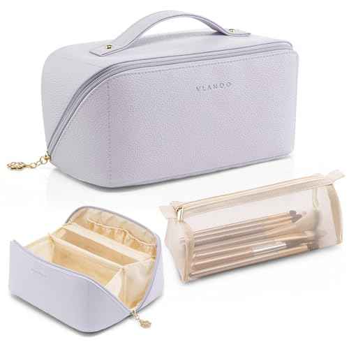 Vlando Makeup Bag,Large Capacity Toiletry Bag for Women Waterproof Portable Make up Pouch PU Leather Open Flat Cosmetic Bag(Purple)