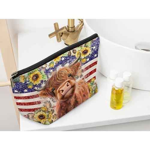 Ayxvt 4th of July Patriotic Highland Cow Makeup Bag - Independence Day Decor Zipper Bags, Summer Sunflower Floral Gifts