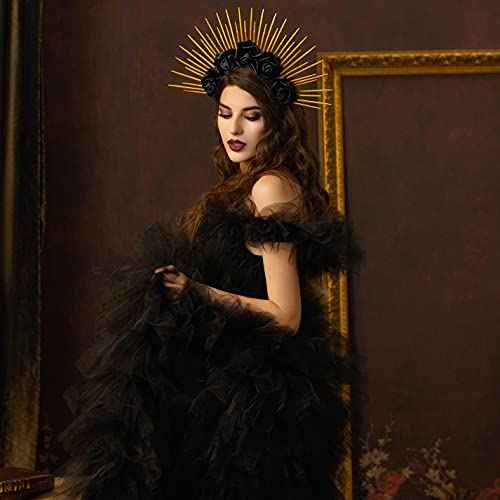 Fantherin Halo Crown with Roses Womens Mexican Flower Goddess Rose Spiked Sun Headpiece for Cosplay Halloween Costume