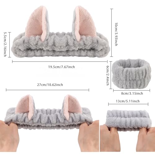 Cat Ears Headband, 3PCS Cute Spa Headbands and Wristband Set, Animal Ears Headbands for Washing Face Soft Elastic Skincare Headband Makeup Facial Hairband for Women Girls, Grey