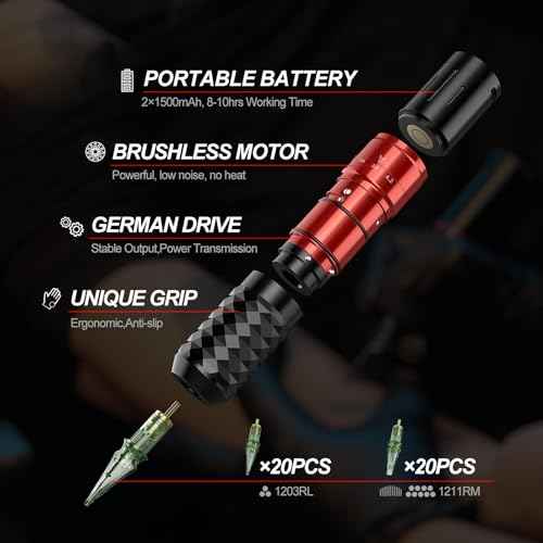 Tattoo Gun,Solong Tattoo Gun Kit Professional 2 Batteries 7 Strokes Wireless Tattoo Kit 6500Rpm Brushless Motor Digital LED Display Tattoo Machine with 20Pcs Tattoo Needles SLE75KIT-1-US