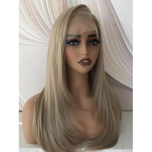 Ash Brown Layered Wig Pre Plucked Synthetic 13x6 Glueless Straight Lace Front Wig for Beginner Wear and Go 5D Arched Mesh Cap Natural Looking Wigs for Women 22 Inch Natural Density
