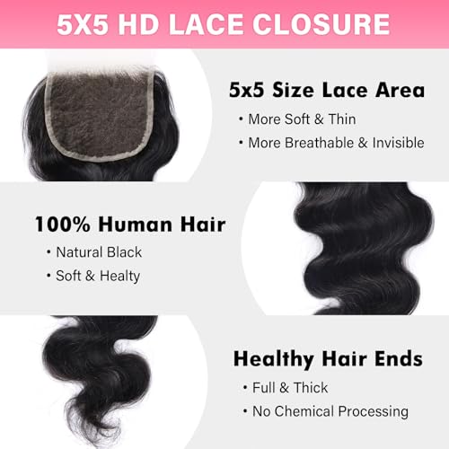 WOWANGEL 5x5 0.095mm Ultra-Thin Skinlike Real HD Lace Frontal & Closure,Body Wave Natural Hairstyles,Pre-Plucked Invisible Hairline,Unprocessed Virgin Human Hair,Invisible Knots HD Lace,14inch