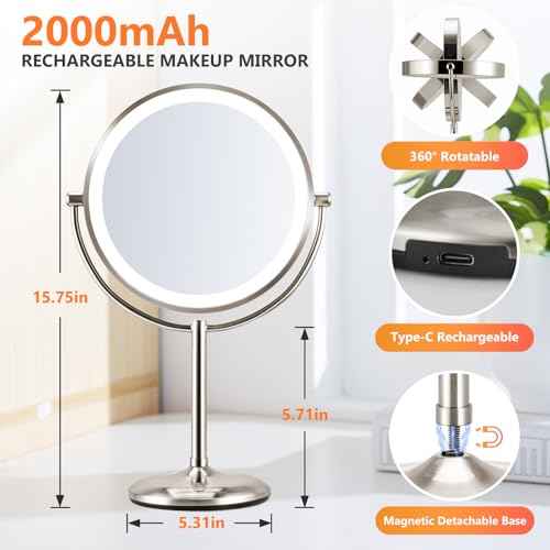 15X Lighted Makeup Mirror: 9 inch Magnifying Mirror with Lights, Make Up Mirrors Stand Up Double Sided, Rechargeable 3 Color Dimmable, Brushed Nickel