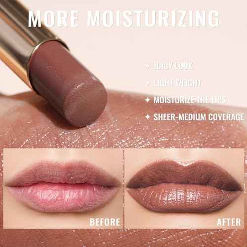 Oulac Moisturizing Shine Brown Red Lipstick for Women - 2 in 1 Glossy Brown Tinted Lip Balm, Hydrating Winter Lipstick for Dry Lips,Shine Juicy Finish Vegan 2.2g/0.07oz (03)