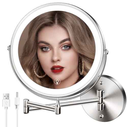 Wall Mounted Lighted Makeup Mirror, 8" Rechargeable Double-Sided Light up Magnifying Mirror 1x/10x, 3 Color Led Vanity Mirror with Lights, Touch Dimmable 360¡Æ Rotation Foldable-Nickel