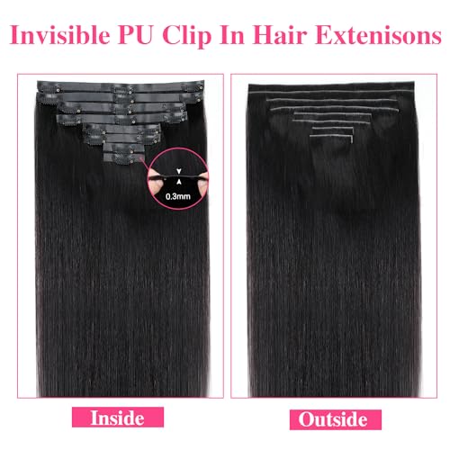 Injected Clip in Extension Human Hair Invisible Clip Ins for Women Brazilian Injected Clip ins Human Hair Natural Color 8 Pcs with 18 Clips 120g/Set (14 inch)