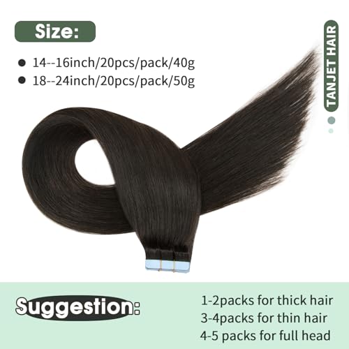 Tape in Human Hair Extensions 100% Real Human Hair 24 Inch Natural Black Color Skin Weft Thick Soft Silky Black Tape in Hair Extensions Human Hair (#1B 24 Inch 50g/Pack 20pcs)