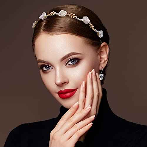 OIIKI 2Pcs Rose Hairband for Women, Metal Gold White Flower Floral Headbands, Pearl Hair Band Headpiece Hair Jewelry Accessories for Women Bride Valentine Wedding Engagement Birthday Christmas