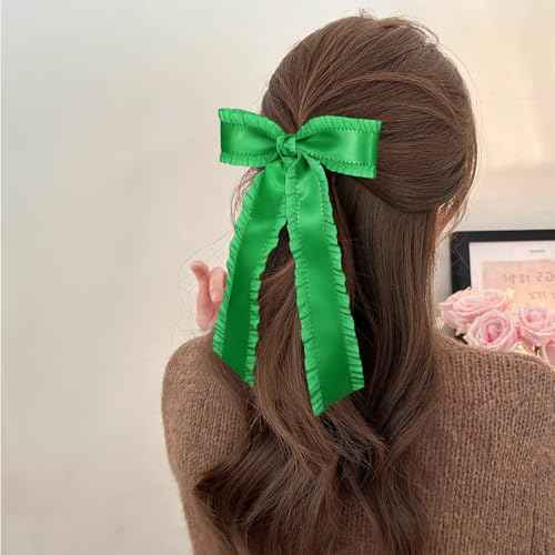 Green Hair Bow Clips for Women Girls 5.5 in Big Silky Ruffle Satin Hair Ribbon Bow-Knot Alligator Barrettes Hairpins Early Spring St Patricks Day Dress Decor Accessories Gift