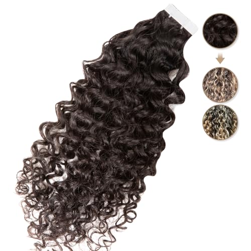 Clytie Raw Curly Tape in Hair Extensions Real Human Hair, One Donor Tight Curly Human Tape ins Hair Extensions 20 PCS 18IN Salon Bleachable Deep Curly 50g Invisible Taping for Thin Hair Light Weight