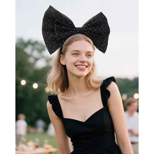 Big Black Bow Headband - Glitter Bows Headpiece for Women Girls, Cute Bowknot Hair Accessories for Birthday Halloween Christmas Cosplay Party Costume Derss Up
