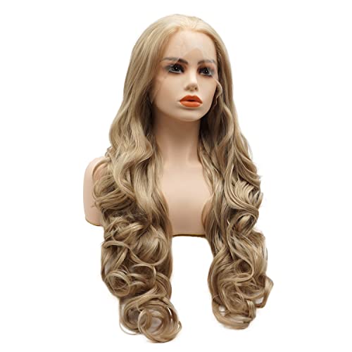 Hair Synthetic Lace Front Wig Wavy Long 26inch Blonde Auburn Mix Half Hand Tied Heavy Density Realistic Wig