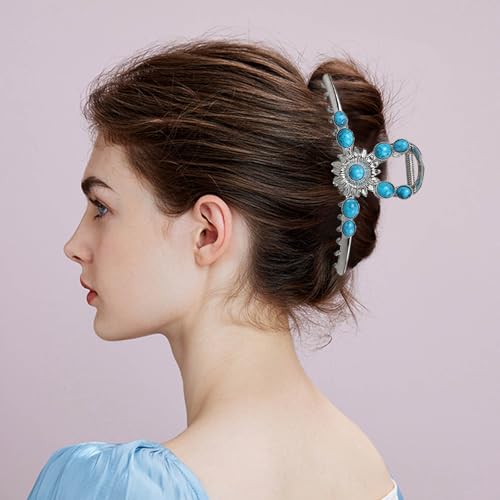 Turquoise Hair Clip, Western Claw Clips, Turquoise Claw Clip, Gems Hair Accessories, Western Hairs Accessories, Blue Metal Claws Clips for Thick Hairs Large (Sun Flower)