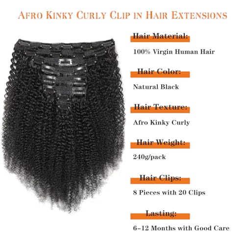 Afro Kinky Curly Clip in Hair Extensions Human Hair 4C Hair Clip in Extensions 8pcs 240g/set 10A Brazilian Virgin Natural Hair Clip Ins for Black Women Natural Black Color 16 Inch