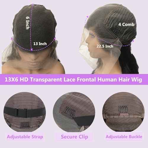 30 Inch 13x6 Lace Front Wigs Human Hair 200 Density Body Wave Lace Front Wigs Human Hair HD Lace Wigs for Women Pre Plucked Frontal Natural Black