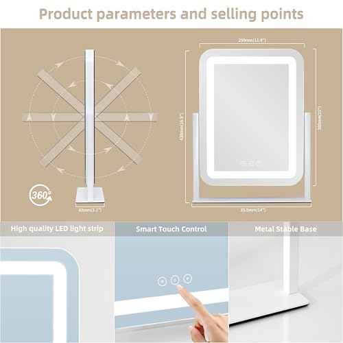 Vanity Mirror with Lights,13.1"¡¿16.7"LED Makeup Mirror,Lighted Makeup Mirror with Lights, Smart Touch Control Dimmable 3 Modes Light, Lighted Up Mirror for Makeup Desk, Bedroom, Dressing Room
