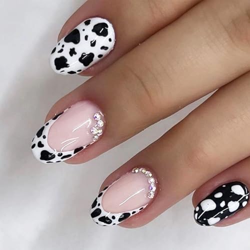 IMRAIN Press on Nails Short Oval Fake Nails with Cow Pattern & Rhinestone Designs Glossy Glue on Nails Extra Short Round Full Cover Black White Stick on False Nails for Women Girls 24Pcs