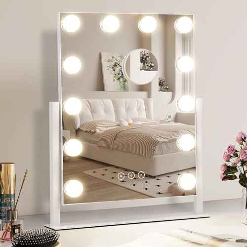 Vanity Makeup Mirror with Lights,3 Color Lighting Modes Detachable 10X Magnification Mirror Touch Control,360¡ÆRotation, White (14.6Inch)