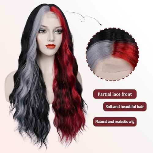 WECAN Black Red Gray Wig 28 Inches Long Black Red Wavy Wigs For Women Synthetic Hair Replacement Wigs Halloween Cosplay Daily Party Heat-Resistant Fiber Wig £¨black/red/gray£©